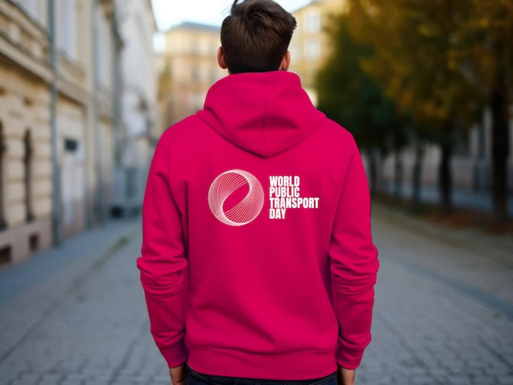 Back of man wearing a branded sweatshirt